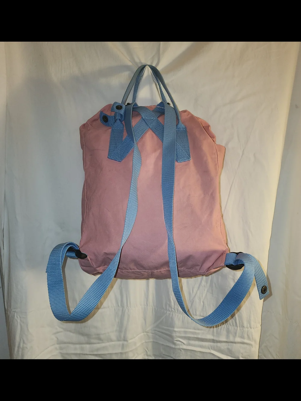Fjallraven Kanken Rose Pink Backpack with Blue Straps